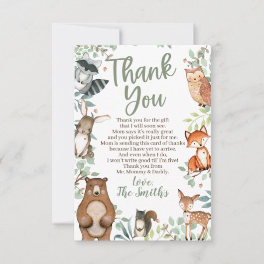 Woodland Animals Baby shower Dank u Kaarten (Voorkant)