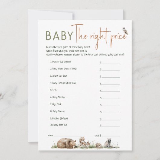 Woodland Animals Baby shower de juiste prijs Kaart (Voorkant)