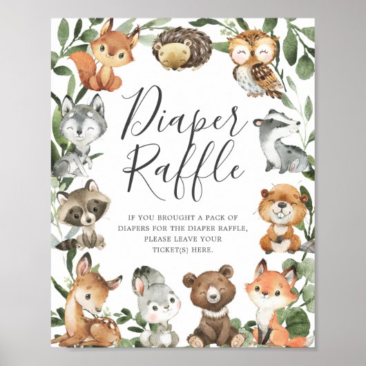Woodland Animals Baby shower Diaper Raffle Sign Poster (Voorkant)