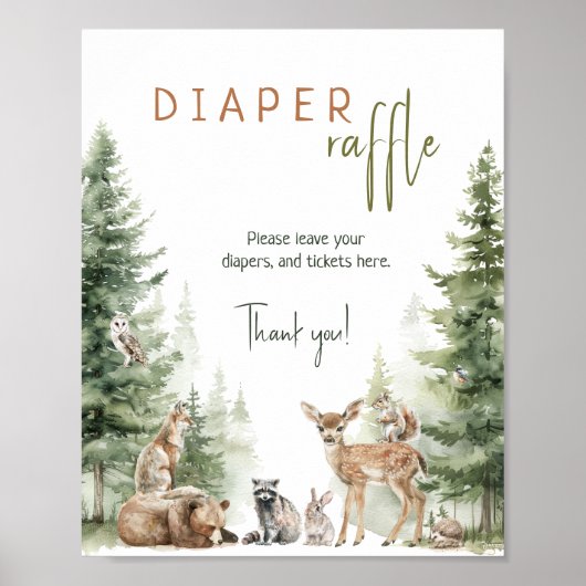 Woodland Animals Baby shower Diaper Raffle Sign Poster (Voorkant)