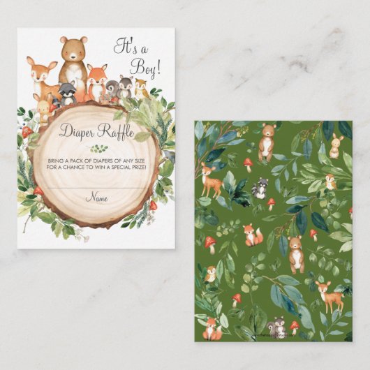 Woodland Animals Baby shower Diaper Raffle Ticket Informatiekaartje (Voorkant / Achterkant)