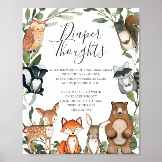 Woodland Animals Baby shower Diaper Thoughts Sign Poster (Voorkant)