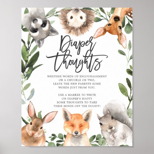 Woodland Animals Baby shower Diaper Thoughts Sign Poster (Voorkant)