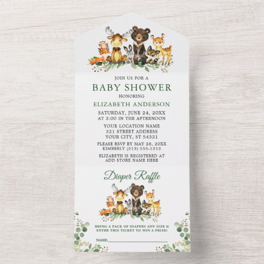 Woodland Animals Baby shower en Luier Raffle All In One Uitnodiging (Binnen)