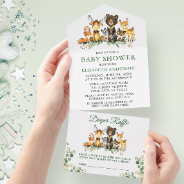 Woodland Animals Baby shower en Luier Raffle All In One Uitnodiging