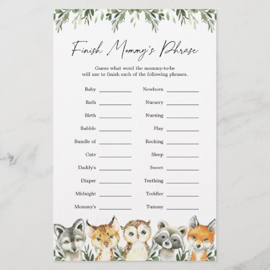 Woodland Animals Baby shower Finish Mam's Phrase (Voorkant)