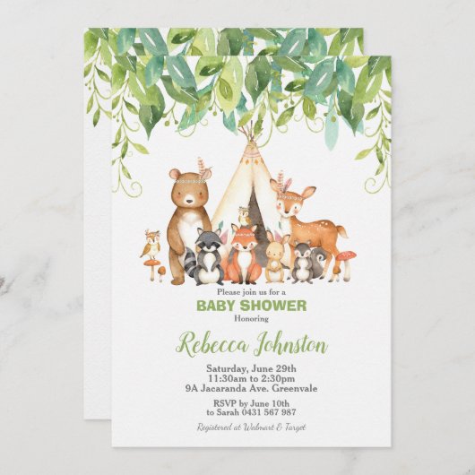Woodland Animals Baby shower Forest Greenery Boy Kaart (Voorkant / Achterkant)