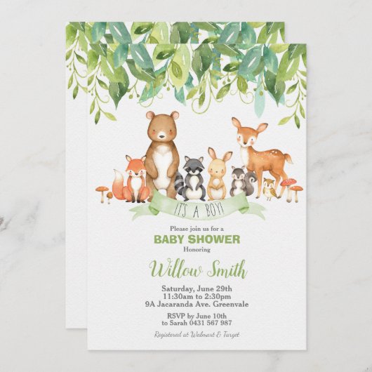 Woodland Animals Baby shower Forest Greenery Boy Kaart (Voorkant / Achterkant)