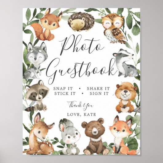 Woodland Animals Baby shower Foto Guestbook Sign Poster (Voorkant)