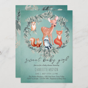 Woodland Animals Baby shower Girl Invitation Kaart