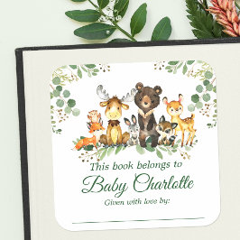 Woodland Animals Baby shower Green Bookplate Label
