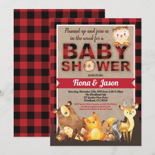 Woodland Animals baby shower houthakker rode plaid Kaart (Voorkant / Achterkant)