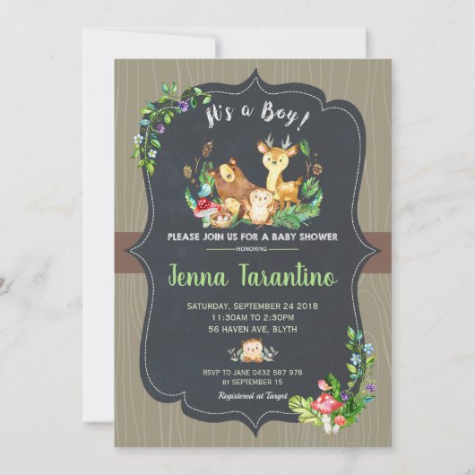 Woodland Animals Baby shower Invitation Boy Kaart (Voorkant)