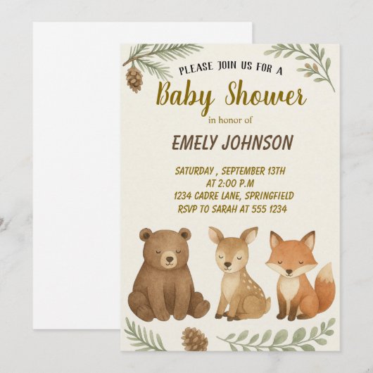 Woodland Animals Baby shower Invitation Feestdagenkaart (Voorkant / Achterkant)