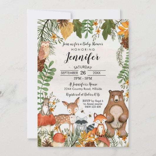 Woodland Animals Baby shower Invitation Greenery Kaart (Voorkant)