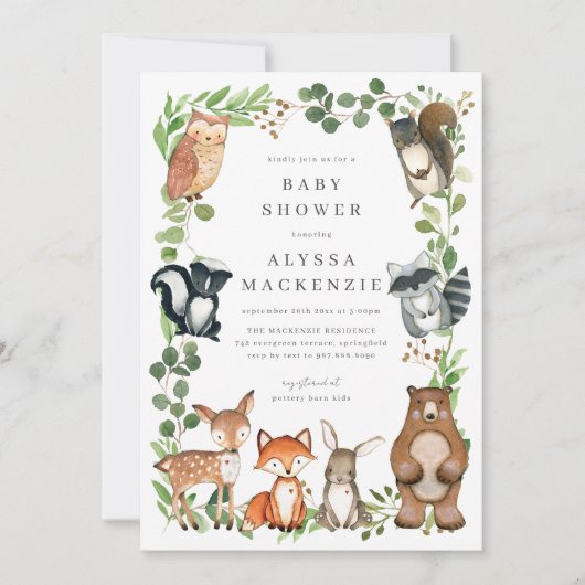 Woodland Animals Baby Shower Invitation Kaart (Voorkant)