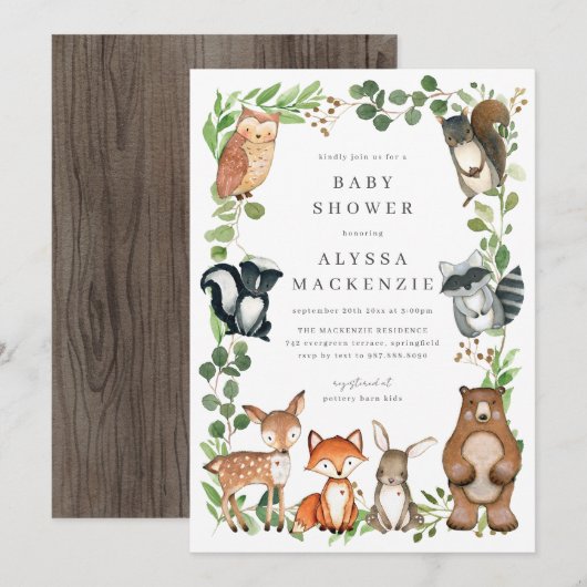 Woodland Animals Baby Shower Invitation Kaart (Voorkant / Achterkant)