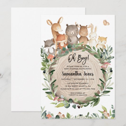 Woodland Animals Baby shower Invitation Kaart (Voorkant / Achterkant)