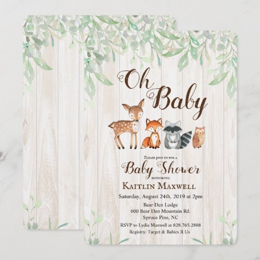 Woodland Animals Baby shower Invitation Kaart (Voorkant / Achterkant)