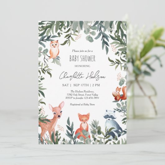 Woodland Animals Baby shower Invitation Kaart (Staand voorkant)