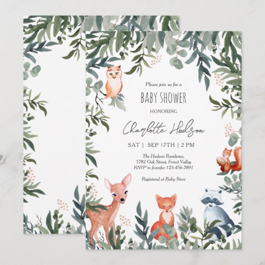 Woodland Animals Baby shower Invitation Kaart (Voorkant / Achterkant)