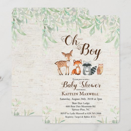 Woodland Animals Baby shower Invitation Kaart (Voorkant / Achterkant)