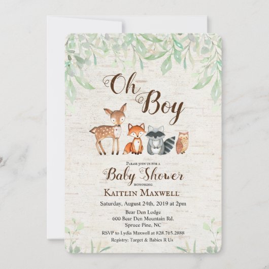 Woodland Animals Baby shower Invitation Kaart (Voorkant)