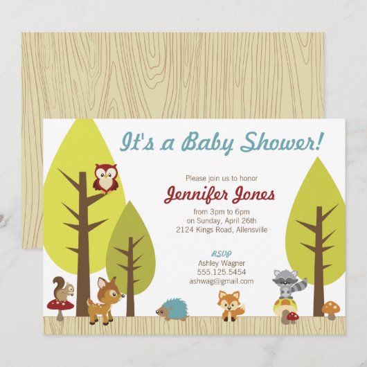 Woodland Animals Baby shower Invitation Kaart (Voorkant / Achterkant)