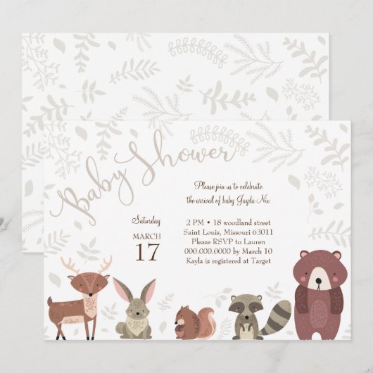 Woodland Animals Baby shower Invitation Kaart (Voorkant / Achterkant)