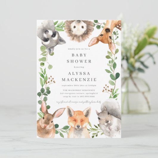 Woodland Animals Baby Shower Invitation Kaart (Staand voorkant)