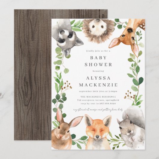 Woodland Animals Baby Shower Invitation Kaart (Voorkant / Achterkant)