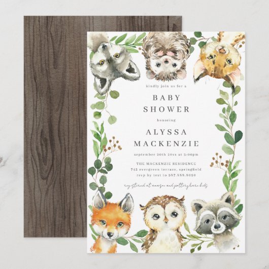 Woodland Animals Baby Shower Invitation Kaart (Voorkant / Achterkant)