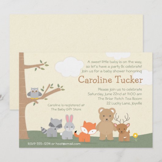 Woodland Animals Baby shower Invitation Kaart (Voorkant / Achterkant)