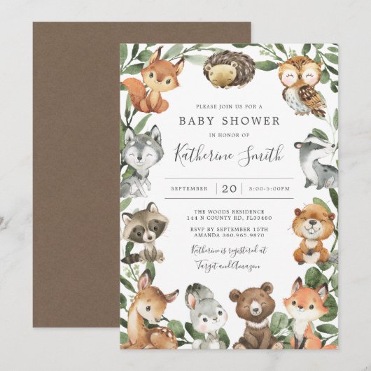 Woodland Animals Baby shower Invitation Kaart (Voorkant / Achterkant)