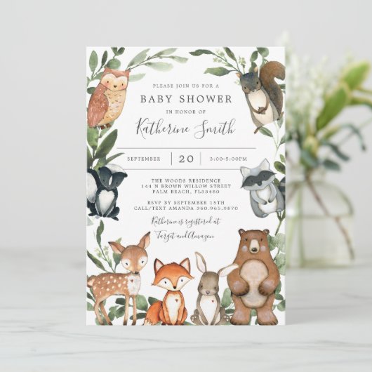 Woodland Animals Baby shower Invitation Kaart (Staand voorkant)