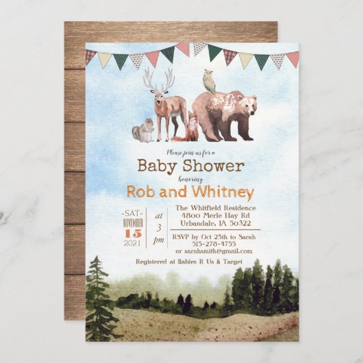 Woodland Animals Baby shower Invitation Kaart (Voorkant / Achterkant)