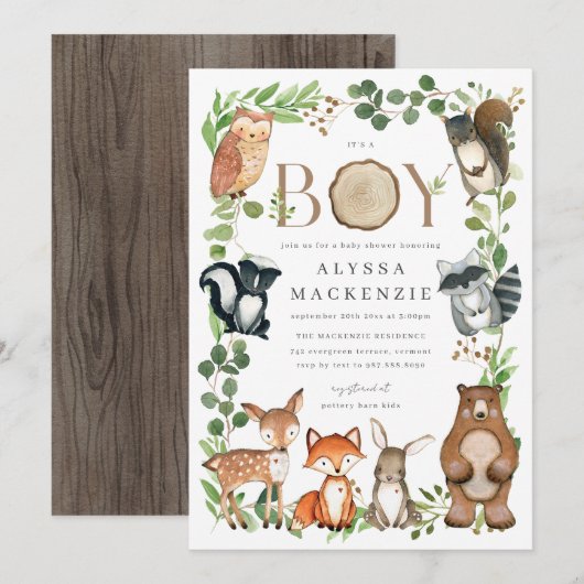 Woodland Animals Baby Shower Invitation Kaart (Voorkant / Achterkant)