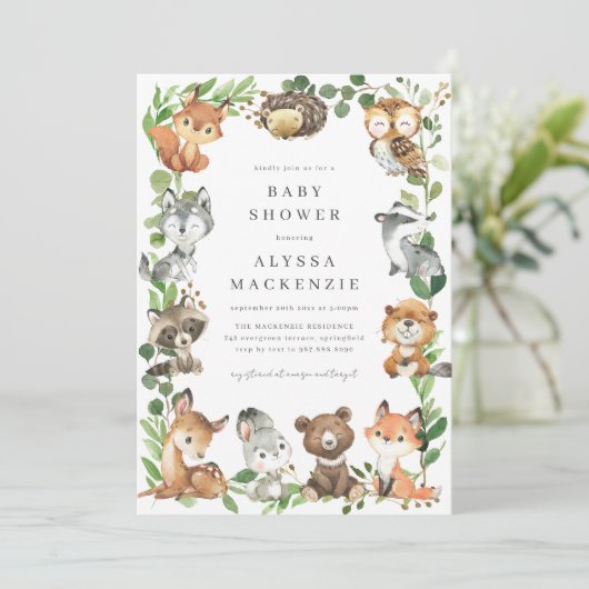 Woodland Animals Baby Shower Invitation Kaart (Staand voorkant)