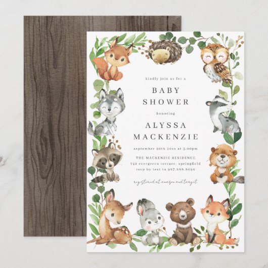 Woodland Animals Baby Shower Invitation Kaart (Voorkant / Achterkant)