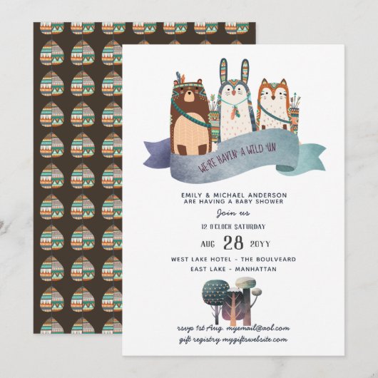 Woodland Animals Baby shower Invitation Tribal Kaart (Voorkant / Achterkant)