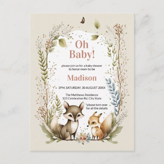 Woodland Animals Baby shower Invite Girl Briefkaart (Voorkant)