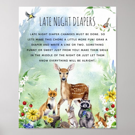 Woodland Animals Baby shower 'Late Night Diaper' Poster (Voorkant)