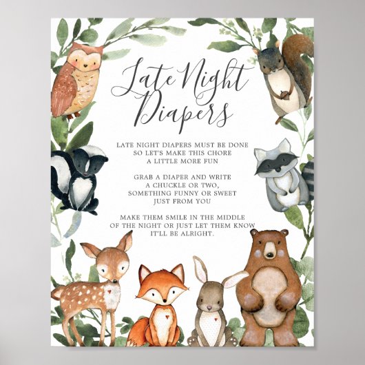 Woodland Animals Baby shower Late Night Diapers Poster (Voorkant)