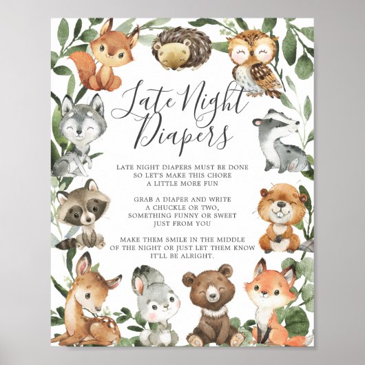 Woodland Animals Baby shower Late Night Diapers Poster (Voorkant)