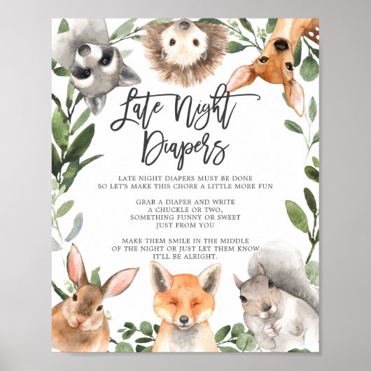 Woodland Animals Baby shower Late Night Diapers Poster (Voorkant)
