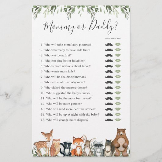 Woodland Animals Baby shower Mama of Pappa Game (Voorkant)