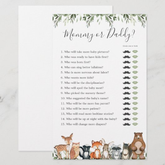 Woodland Animals Baby shower Mama of Pappa Game (Voorkant / Achterkant)