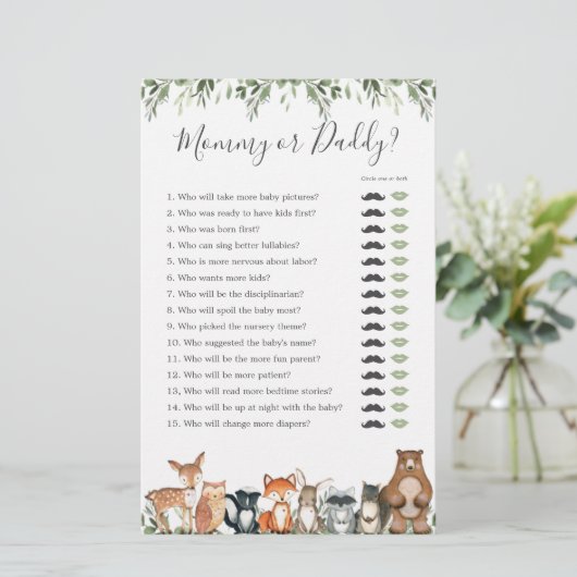 Woodland Animals Baby shower Mama of Pappa Game (Staand voorkant)