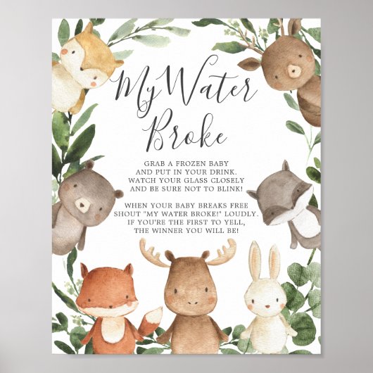 Woodland Animals Baby shower Mijn water brak teken Poster (Voorkant)