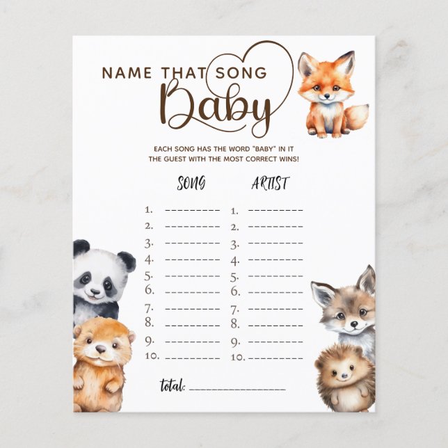 Woodland Animals Baby shower naam dat liedje spel (Voorkant)